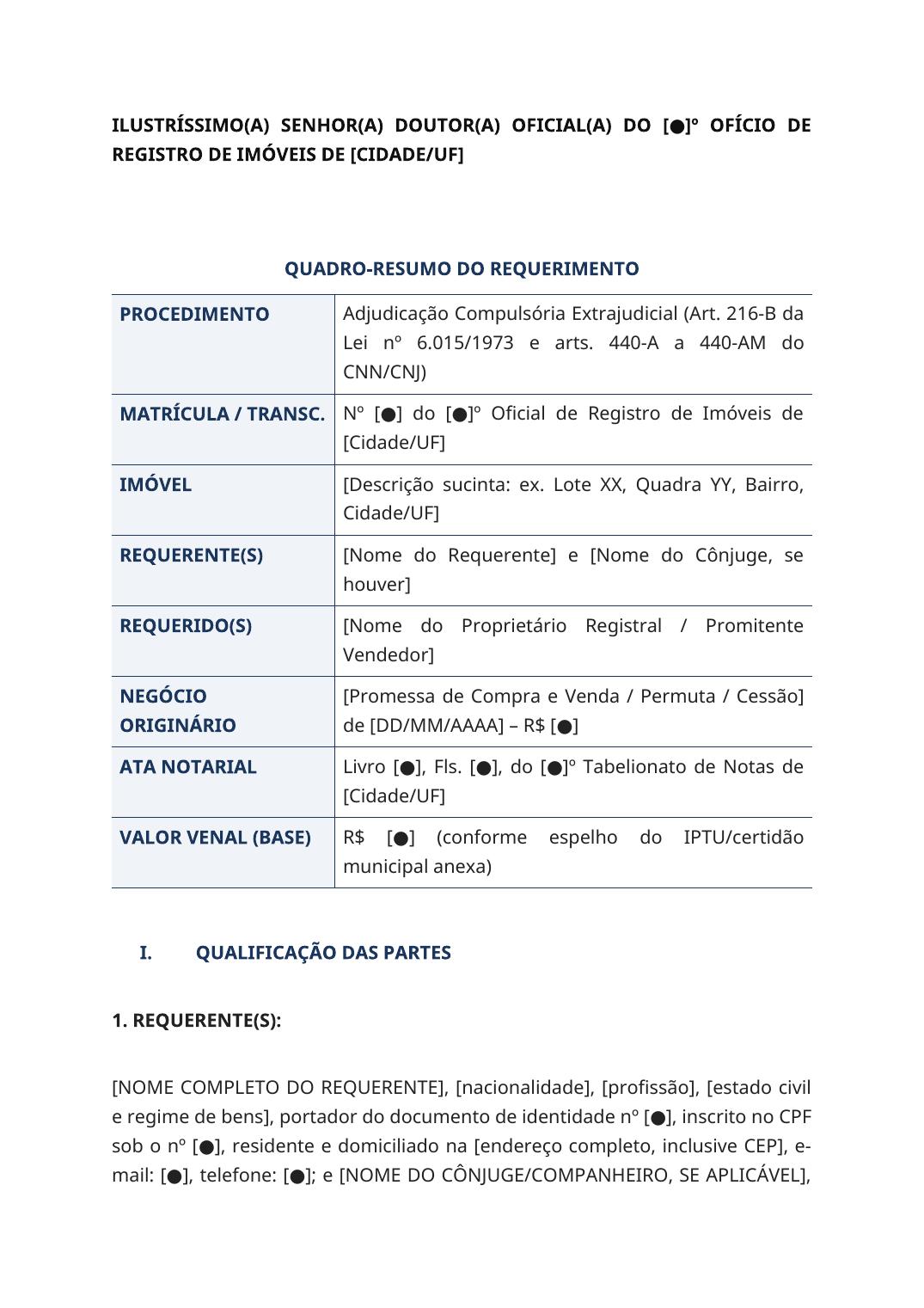 Prévia da página 1 do requerimento de adjudicação compulsória extrajudicial