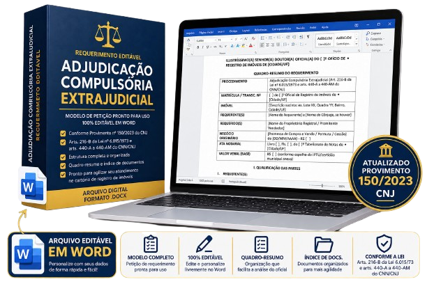 Banner profissional do Requerimento de Adjudicação Compulsória Extrajudicial com modelo editável em Word, livro de direito e selos de validação