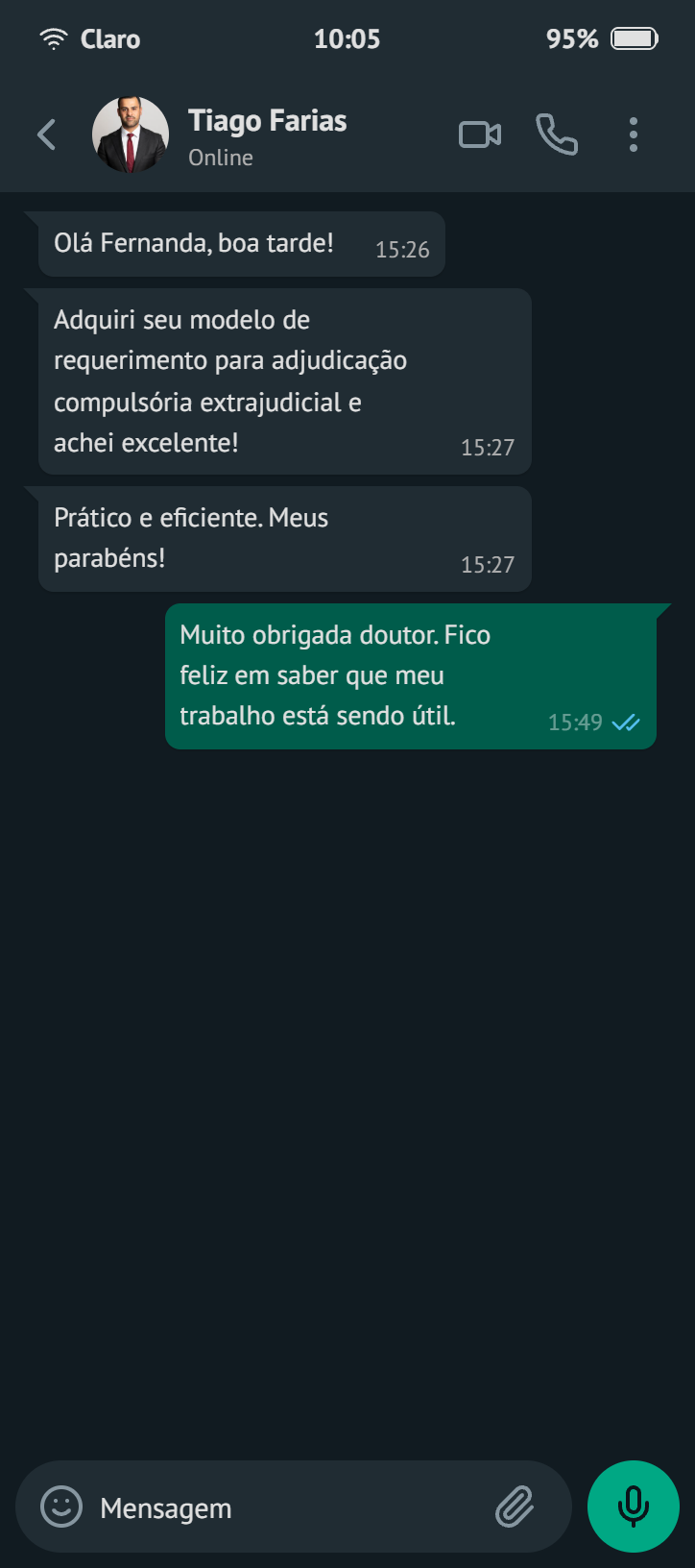 Depoimento de cliente 1 sobre o requerimento de adjudicação compulsória extrajudicial